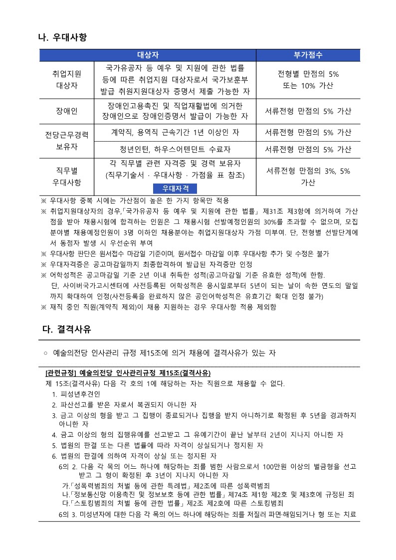 예술의전당 채용 공고문의 두 번째 페이지입니다. 상단에는 취업지원대상자, 장애인, 전당근무경력 보유자, 직무별 우대사항 등 가산점 혜택을 받을 수 있는 대상과 부가점수 비율이 표로 상세히 정리되어 있습니다. 중앙에는 우대사항 중복 적용 불가 원칙, 어학 성적 인정 기준 등 가점 적용 시 유의해야 할 6가지 사항이 불렛 포인트로 기술되어 있습니다. 하단에는 '다. 결격사유' 섹션이 시작되며, 예술의전당 인사관리 규정에 따른 피성년후견인, 파산선고 후 미복권자 등 임용이 불가능한 법적 사유들이 번호순으로 나열되어 있습니다. 상세 내용은 다음과 같습니다.  나. 우대사항 &bull; 취업지원대상자 &bull; 대상자: 「국가유공자 등 예우 및 지원에 관한 법률」 등에 따른 취업지원 대상자로서 국가보훈부 발급 취업지원대상자 증명서 제출 가능한 자 &bull; 부가점수: 전형별 만점의 5% 또는 10% 가산 장애인 &bull; 대상자: 「장애인고용촉진 및 직업재활법」에 의거한 장애인으로 장애인증명서 발급이 가능한 자 &bull; 부가점수: 서류전형 만점의 5% 가산 전당근무경력 보유자 &bull; 대상자 1: 계약직, 용역직 근속기간 1년 이상인 자 &bull; 부가점수 1: 서류전형 만점의 5% 가산 &bull; 대상자 2: 청년인턴, 하우스어텐던트 수료자 &bull; 부가점수 2: 서류전형 만점의 5% 가산 직무별 우대사항 &bull; 대상자: 각 직무별 관련 자격증 및 경력 보유자 (직무기술서&middot;우대사항&middot;가점율 표 참조) &bull; 부가점수: 서류전형 만점의 3%, 5% 가산 [우대자격 유의사항] &bull; 우대사항 중복 시에는 가산점이 높은 한 가지 항목만 적용 &bull; 취업지원대상자의 경우, 「국가유공자 등 예우 및 지원에 관한 법률」 제31조 제3항에 의거하여 가점을 받아 채용시험에 합격하는 인원은 그 채용시험 선발예정인원의 30%를 초과할 수 없으며, 모집분야별 채용예정인원이 3명 이하인 채용분야는 취업지원대상자 가점 미부여. 단, 전형별 선발단계에서 동점자 발생 시 우선순위 부여 &bull; 우대사항 판단은 원서접수 마감일 기준이며, 원서접수 마감일 이후 우대사항 추가 및 수정은 불가 &bull; 우대자격증은 공고마감일까지 최종합격하여 발급된 자격증만 인정 &bull; 어학성적은 공고마감일 기준 2년 이내 취득한 성적(공고마감일 기준 유효한 성적)에 한함. 단, 사이버국가고시센터에 사전등록된 어학성적은 응시일로부터 5년이 되는 날이 속한 연도의 말일까지 확대하여 인정(사전등록을 완료하지 않은 공인어학성적은 유효기간 확대 인정 불가) &bull; 재직 중인 직원(계약직 제외)이 채용 지원하는 경우 우대사항 적용 제외함   다. 결격사유 &bull; 예술의전당 인사관리 규정 제15조에 의거 채용에 결격사유가 있는 자 [관련규정] 예술의전당 인사관리규정 제15조(결격사유)제15조(결격사유) 다음 각 호의 1에 해당하는 자는 직원으로 채용할 수 없다. 1. 피성년후견인 2. 파산선고를 받은 자로서 복권되지 아니한 자 3. 금고 이상의 형을 받고 그 집행이 종료되거나 집행을 받지 아니하기로 확정된 후 5년을 경과하지 아니한 자 4. 금고 이상의 형의 집행유예를 선고받고 그 유예기간이 끝난 날부터 2년이 지나지 아니한 자 5. 법원의 판결 또는 다른 법률에 따라 자격이 상실되거나 정지된 자 6. 법원의 판결에 의하여 자격이 상실 또는 정지된 자6의 2. 다음 각 목의 어느 하나에 해당하는 죄를 범한 사람으로서 100만원 이상의 벌금형을 선고받고 그 형이 확정된 후 3년이 지나지 아니한 자가. 「성폭력범죄의 처벌 등에 관한 특례법」 제2조에 따른 성폭력범죄나. 「정보통신망 이용촉진 및 정보보호 등에 관한 법률」 제74조 제1항 제2호 및 제3호에 규정된 죄다. 「스토킹범죄의 처벌 등에 관한 법률」 제2조 제2호에 따른 스토킹범죄6의 3. 미성년자에 대한 다음 각 목의 어느 하나에 해당하는 죄를 저질러 파면&middot;해임되거나 형 또는 치료