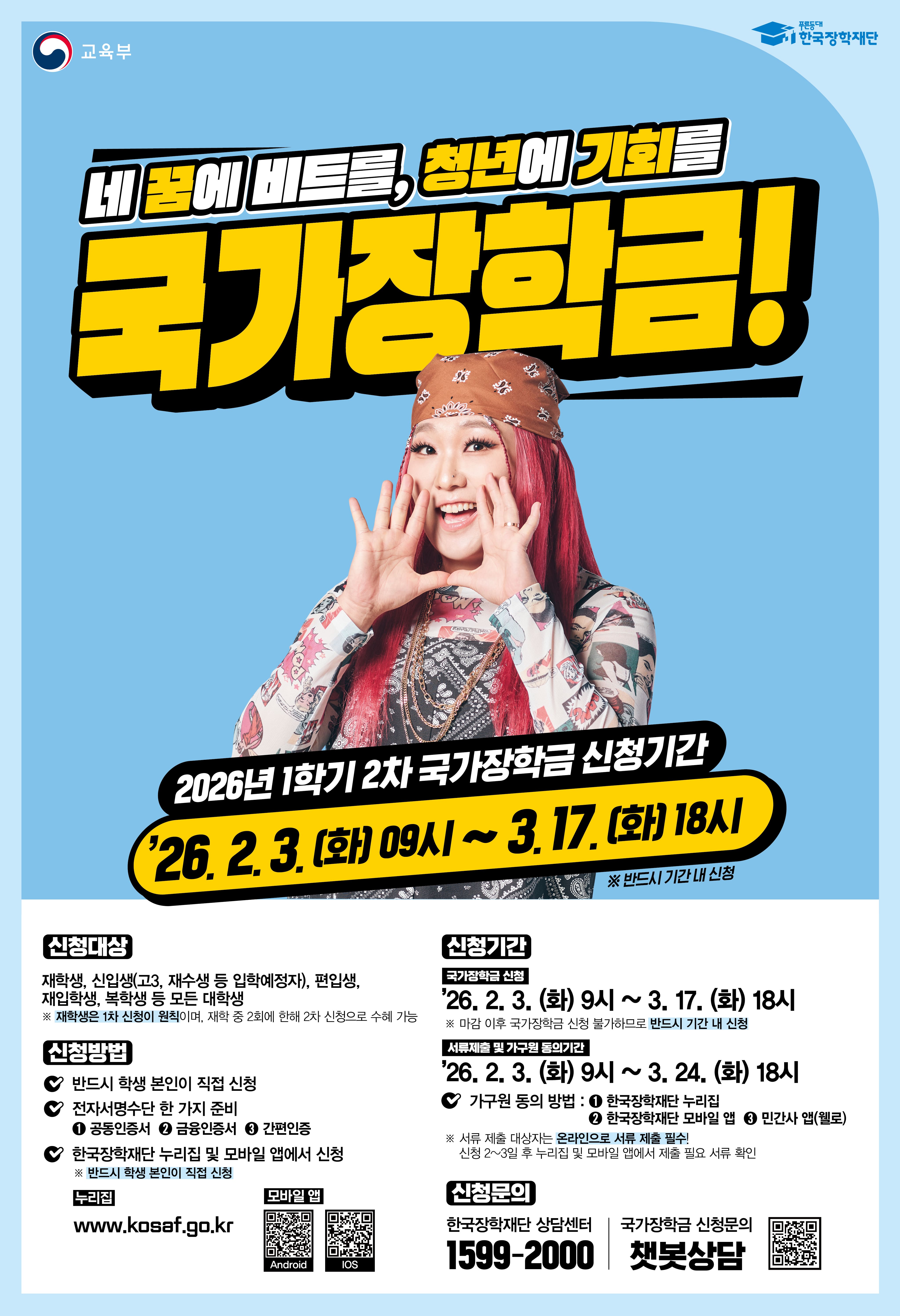 교육부와 한국장학재단이 함께하는 국가장학금 신청 안내 포스터. '네 꿈에 비트를, 청년에 기회를 국가장학금!'이라는 문구와 함께 래퍼 이미지가 배경으로 포함되어 있습니다. 2026년 1학기 2차 국가장학금 신청 기간은 2026년 2월 3일(화) 9시부터 3월 17일(화) 18시까지이며 반드시 기간 내 신청해야 합니다. 신청 대상은 재학생, 신입생(고3, 재수생 등 입학예정자), 편입생, 재입학생, 복학생 등 모든 대학생입니다. (재학생은 1차 신청이 원칙이며, 재학 중 2회에 한해 2차 신청으로 수혜 가능). 신청 방법은 반드시 학생 본인이 직접 신청해야 하며 전자서명수단(공동인증서, 금융인증서, 간편인증) 중 한 가지를 준비하여 한국장학재단 누리집 및 모바일 앱에서 신청 가능합니다. 가구원 동의 및 서류 제출 기간은 2026년 3월 24일(화) 18시까지입니다. 신청 문의는 한국장학재단 상담센터 1599-2000 또는 챗봇 상담을 이용바랍니다. [QR코드 안내]: 포스터 하단의 QR코드를 스캔하면 한국장학재단 누리집(www.kosaf.go.kr)으로 바로 연결되거나, 안드로이드 및 iOS 앱 스토어에서 한국장학재단 앱 설치 페이지로 이동합니다.