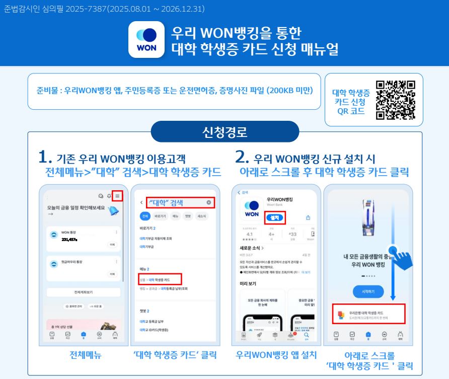 상단 파란 배경의 안내 이미지. 상단 왼쪽에 &lsquo;준법감시인 심의필 2025-7387(2025.08.01 ~ 2026.12.31)&rsquo; 문구가 있으며, 중앙에는 우리 WON뱅킹 로고와 함께 &lsquo;우리 WON뱅킹을 통한 대학 학생증 카드 신청 매뉴얼&rsquo; 제목이 크게 표시되어 있음.   그 아래 준비물 안내 박스에 &lsquo;준비물 : 우리WON뱅킹 앱, 주민등록증 또는 운전면허증, 증명사진 파일 (200KB 미만)&rsquo;이라고 명시되어 있음.   우측에는 &lsquo;대학 학생증 카드 신청 QR 코드&rsquo; 문구와 함께 QR코드가 있으며, 해당 QR 주소는 https://bit.ly/4aMTi9r?r=qr 임.   중앙에는 &lsquo;신청경로&rsquo; 제목이 있으며, 두 가지 신청 방법이 안내됨.   1번 방법: &lsquo;기존 우리 WON뱅킹 이용고객 전체메뉴 &rarr; &ldquo;대학&rdquo; 검색 &rarr; 대학 학생증 카드&rsquo; 경로 안내. 하단에는 모바일 화면 예시 이미지 2장이 있으며, 첫 번째는 전체메뉴 화면, 두 번째는 검색창에 &lsquo;대학&rsquo; 입력 후 &lsquo;대학 학생증 카드&rsquo; 메뉴가 강조 표시된 화면임. 각 이미지 아래에는 &lsquo;전체메뉴&rsquo;, &lsquo;&ldquo;대학 학생증 카드&rdquo; 클릭&rsquo; 설명 문구가 있음.   2번 방법: &lsquo;우리 WON뱅킹 신규 설치 시 아래로 스크롤 후 대학 학생증 카드 클릭&rsquo; 안내. 하단에는 모바일 화면 예시 이미지 2장이 있으며, 첫 번째는 우리WON뱅킹 앱 설치 화면에서 &lsquo;설치&rsquo; 버튼이 강조 표시된 화면, 두 번째는 앱 메인 화면에서 아래로 스크롤하여 &lsquo;우리은행 대학 학생증 카드&rsquo; 메뉴를 클릭하는 장면이 화살표로 표시되어 있음. 각 이미지 아래에는 &lsquo;우리WON뱅킹 앱 설치&rsquo;, &lsquo;아래로 스크롤 &ldquo;대학 학생증 카드&rdquo; 클릭&rsquo; 설명이 포함되어 있음.   전체적으로 우리은행 WON뱅킹 앱을 통해 대학 학생증 카드를 신청하는 절차를 단계별로 안내하는 홍보 매뉴얼 이미지임.