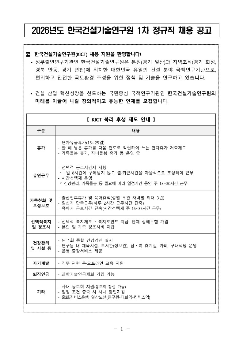 2026년도 한국건설기술연구원 1차 정규직 채용 공고 한국건설기술연구원(KICT) 채용 지원을 환영합니다! &bull; 정부출연연구기관인 한국건설기술연구원은 본원(경기 일산)과 지역조직(경기 화성, 경북 안동, 경기 연천)에 위치한 대한민국 유일의 건설 분야 국책연구기관으로, 편리하고 안전한 국토환경 조성을 위한 정책 및 기술을 연구하고 있습니다.  &bull; 건설 산업 혁신성장을 선도하는 국민중심 국책연구기관인 한국건설기술연구원의미래를 이끌어 나갈 창의적이고 유능한 인재를 모집합니다. 【 KICT 복리 후생 제도 안내 】 구분 내용 휴가 - 연차유급휴가(15~25일) - 한 해 남은 휴가를 다음 연도로 적립하여 쓰는 연차휴가 저축제도 - 가족돌봄 휴가, 자녀돌봄 휴가 등 운영 중 유연근무 - 선택적 근로시간제 시행 * 1일 8시간에 구애받지 않고 출&middot;퇴근시간을 자율적으로 조정하여 근무 - 시간선택제 운영 * 건강관리, 가족돌봄 등 필요에 따라 일정기간 동안 주 15~30시간 근무 가족친화 및 모성보호 - 출산전후휴가 및 육아휴직(성별 무관 자녀별 최대 3년) - 임신기 단축근무(하루 2시간 근무시간 단축) - 육아기 근로시간 단축(시간선택제-주 15~35시간 근무) 선택적복지 및 경조사 - 선택적 복지제도 * 복지포인트 지급, 단체 상해보험 가입 - 본인 및 가족 경조사비 지급 건강관리 및 시설 등 - 연 1회 종합 건강검진 실시 - 연구원 내 체육시설, 도서관(정보관), 남ㆍ여 휴게실, 카페, 구내식당 운영 - 은행 출장서비스 제공 자기계발 - 직무 관련 온&middot;오프라인 교육 지원 퇴직연금 - 과학기술인공제회 가입 가능 기타 - 사내 동호회 지원(동호회 창설 가능) - 일정 조건 충족 시 사내 창업지원 - 출퇴근 버스운행: 일산노선(연구원-대화역-킨텍스역)
