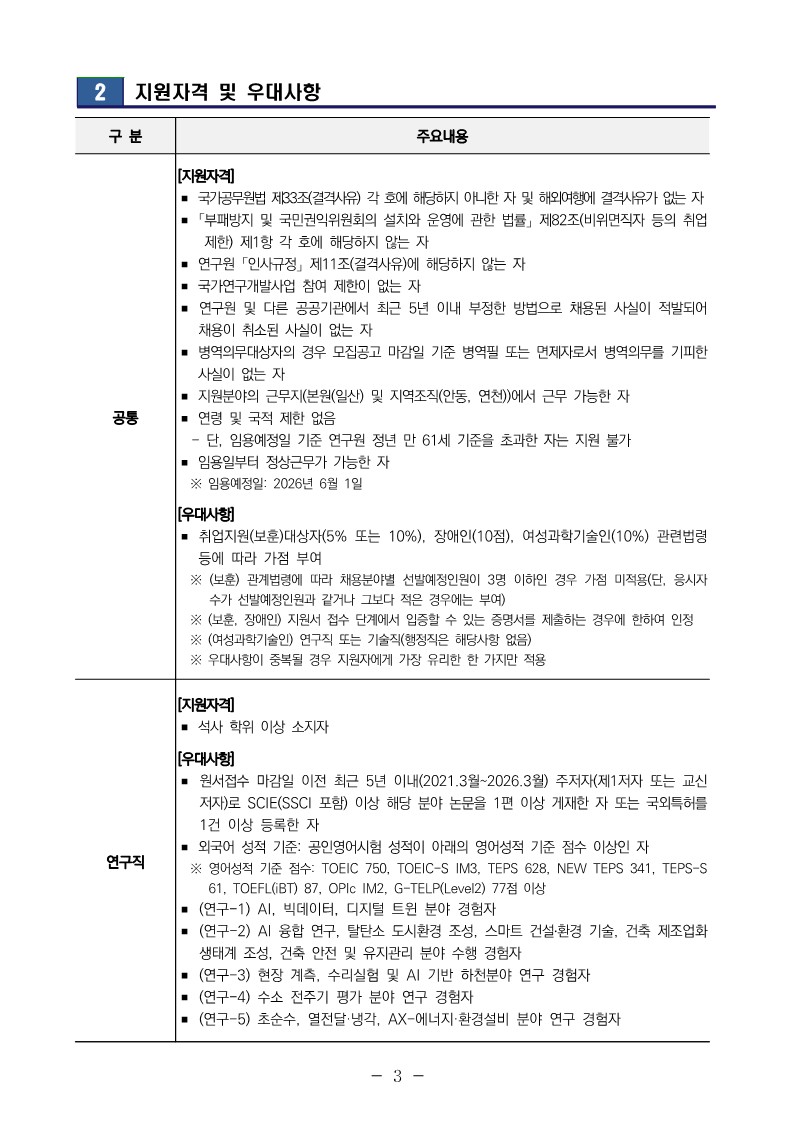 2 지원자격 및 우대사항 구 분 주요내용 공통 [지원자격] ？ 국가공무원법 제33조(결격사유) 각 호에 해당하지 아니한 자 및 해외여행에 결격사유가 없는 자？ 「부패방지 및 국민권익위원회의 설치와 운영에 관한 법률」 제82조(비위면직자 등의 취업제한) 제1항 각 호에 해당하지 않는 자 ？ 연구원 「인사규정」 제11조(결격사유)에 해당하지 않는 자 ？ 국가연구개발사업 참여 제한이 없는 자 ？ 연구원 및 다른 공공기관에서 최근 5년 이내 부정한 방법으로 채용된 사실이 적발되어 채용이 취소된 사실이 없는 자 ？ 병역의무대상자의 경우 모집공고 마감일 기준 병역필 또는 면제자로서 병역의무를 기피한 사실이 없는 자 ？ 지원분야의 근무지(본원(일산) 및 지역조직(안동, 연천))에서 근무 가능한 자 ？ 연령 및 국적 제한 없음  - 단, 임용예정일 기준 연구원 정년 만 61세 기준을 초과한 자는 지원 불가 ？ 임용일부터 정상근무가 가능한 자  ※ 임용예정일: 2026년 6월 1일 [우대사항] ？ 취업지원(보훈)대상자(5% 또는 10%), 장애인(10점), 여성과학기술인(10%) 관련법령 등에 따라 가점 부여  ※ (보훈) 관계법령에 따라 채용분야별 선발예정인원이 3명 이하인 경우 가점 미적용(단, 응시자 수가 선발예정인원과 같거나 그보다 적은 경우에는 부여)  ※ (보훈, 장애인) 지원서 접수 단계에서 입증할 수 있는 증명서를 제출하는 경우에 한하여 인정  ※ (여성과학기술인) 연구직 또는 기술직(행정직은 해당사항 없음)  ※ 우대사항이 중복될 경우 지원자에게 가장 유리한 한 가지만 적용 연구직 [지원자격] ？ 석사 학위 이상 소지자 [우대사항] ？ 원서접수 마감일 이전 최근 5년 이내(2021.3월~2026.3월) 주저자(제1저자 또는 교신저자)로 SCIE(SSCI 포함) 이상 해당 분야 논문을 1편 이상 게재한 자 또는 국외특허를1건 이상 등록한 자 ？ 외국어 성적 기준: 공인영어시험 성적이 아래의 영어성적 기준 점수 이상인 자  ※ 영어성적 기준 점수: TOEIC 750, TOEIC-S IM3, TEPS 628, NEW TEPS 341, TEPS-S 61, TOEFL(iBT) 87, OPIc IM2, G-TELP(Level2) 77점 이상 ？ (연구-1) AI, 빅데이터, 디지털 트윈 분야 경험자 ？ (연구-2) AI 융합 연구, 탈탄소 도시환경 조성, 스마트 건설？환경 기술, 건축 제조업화 생태계 조성, 건축 안전 및 유지관리 분야 수행 경험자 ？ (연구-3) 현장 계측, 수리실험 및 AI 기반 하천분야 연구 경험자 ？ (연구-4) 수소 전주기 평가 분야 연구 경험자 ？ (연구-5) 초순수, 열전달&middot;냉각, AX-에너지&middot;환경설비 분야 연구 경험자